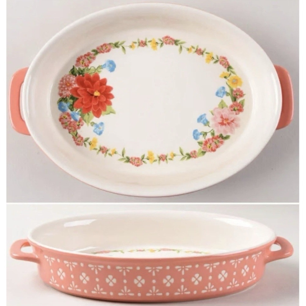Pioneer Woman Sweet Rose 9" Oval Baker Casserole Dish Pink Floral Stoneware 11x7